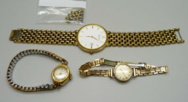 A Pulsar Quartz wristwatch with spare links, a lady's 9ct gold cased Tissot wristwatch with plated