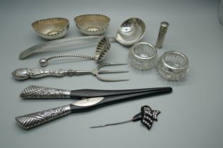 A pair of Victorian silver mounted glove stretchers, a toasting fork with silver handle, a pair of