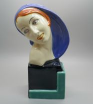 A 1950s Art Deco Czechoslovakian ceramic sculpture of a lady, (head and shoulders), impressed mark