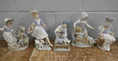 Five Lladro figures; two Oriental, three young children figure groups, two a/f