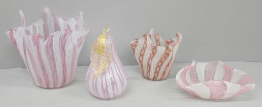 A latticino handkerchief pink and white glass vase with adventurine, one other handkerchief vase,