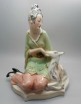 A 1950s Goldscheider figure of a seated Eastern lady stroking a deer, 22cm