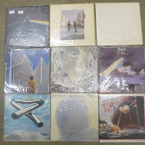 Fourteen LP records, Pink Floyd, Yes, Mike Oldfield, Rush, Blue Oyster Cult and Jeff Wayne's War