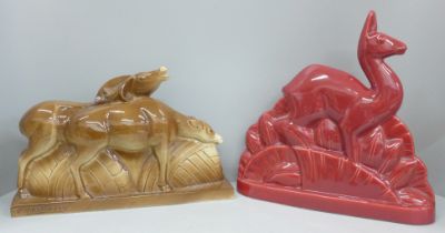Two 1930s French Art Deco hollow cast ceramic figures, St. Clement red deer, 32cm and Lemanceau