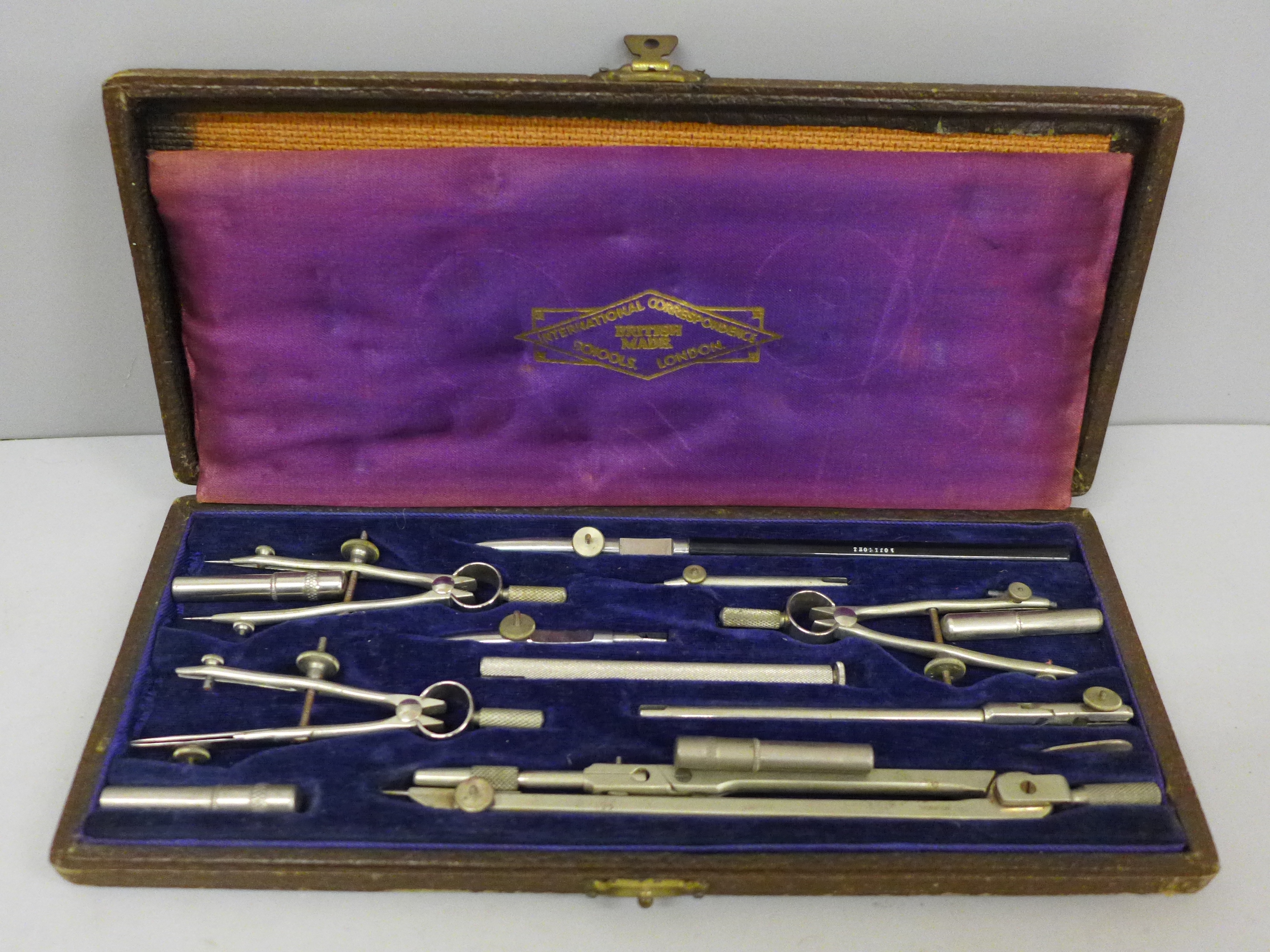 A cased set of technical drawing instruments, International Correspondence School, London