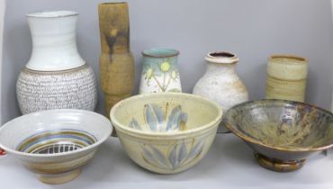 A collection of studio pottery including a Bryan Newman Aller Pottery bowl, a David Winkley Vellow