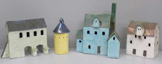 Four pieces of Neil Spalding Raku fired ceramics, model buildings Sarehole Mill, Birmingham,