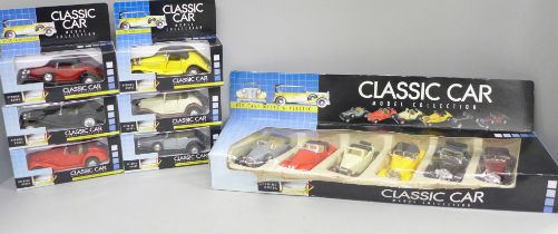 A set of six small classic car models and six individual model vehicles