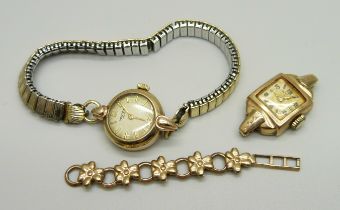 two lady's 9ct gold wristwatch heads, Vertex and Avia, one on an expanding bracelet