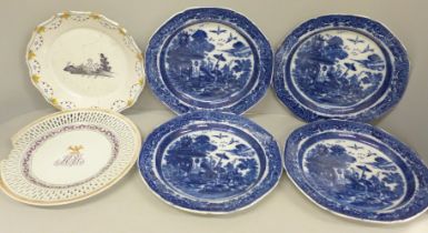 A set of four Georgian pearlware transfer printed plates, a Delft plate, a/f, staple repair, a