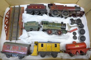 O gauge model rail; two tin plate locomotives and tenders, three wagons and other items