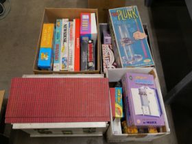 Three boxes of vintage games and toys, including Ker-Plunk, Frustration, Operation, Hangman,