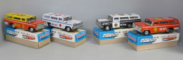 Four Shudo friction powered emergency vehicles, made in Japan, Police, Fire, Ambulance and Rescue