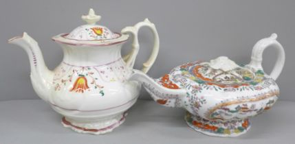 A circa 1900 melon shaped teapot, lid restored and a late 19th Century Staggs pottery lustre teapot