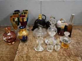 A collection of perfume bottles, Royal Doulton, vintage, six Bohemian wine glasses and two vases **