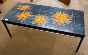 A Belgian Juliette Belarti style tiled top rectangular coffee table, indistinctly signed