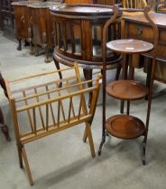 An Edward VII inlaid mahogany folding cake stand, a wine table and a folding magazine rack