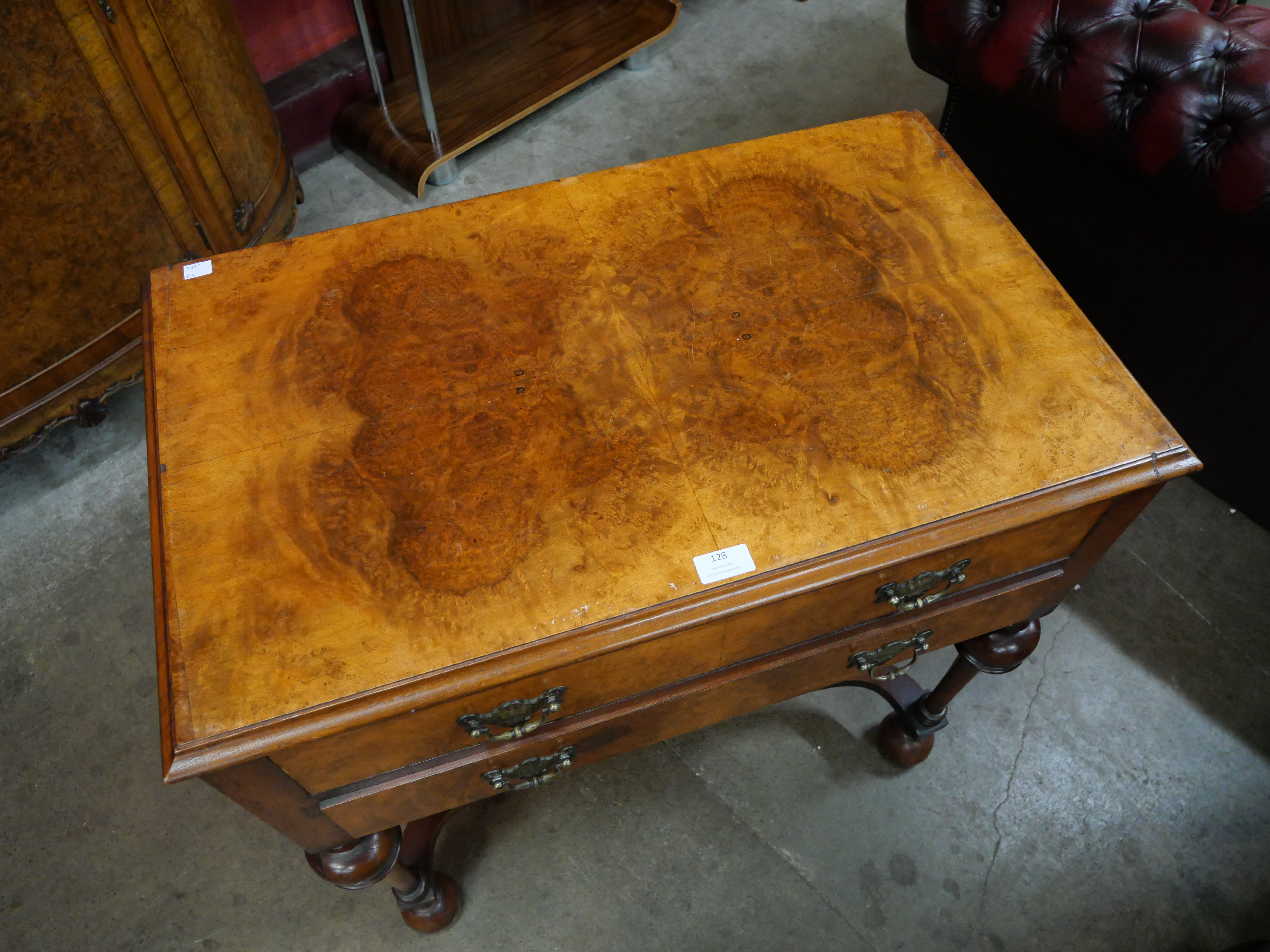 A George I style burr walnut two drawer side table - Image 2 of 3