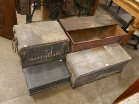 A pine ammunition box and three pine tool boxes
