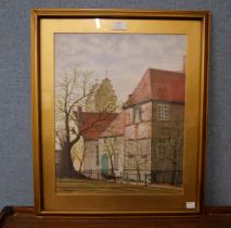 R. Hegemann, village street scene, watercolour, framed