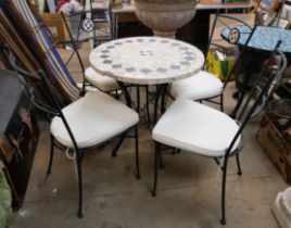 An Italian style wrought iron and mosaic topped garden table and four chairs