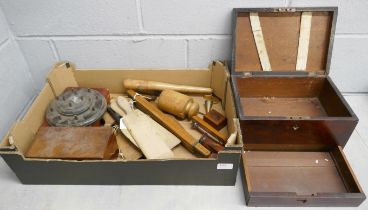 A box of assorted treen, including a bobbin stand and butter pats **PLEASE NOTE THIS LOT IS NOT