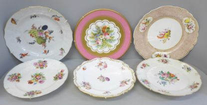 Five English and continental hand painted cabinet plates, one tureen lid decorated both sides,