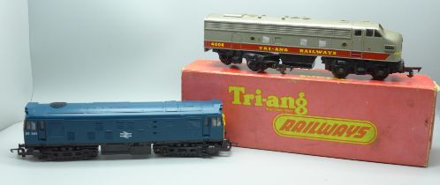 A Hornby Railways 00 gauge BR Class 25 diesel in blue livery, boxed and a Tri-ang Railways OO