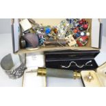 A collection of vintage costume jewellery, a three draw antique brass pocket telescope, jewellery