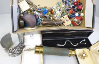 A collection of vintage costume jewellery, a three draw antique brass pocket telescope, jewellery
