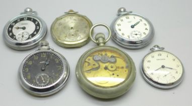 Six pocket watches, one Sekonda, five a/f