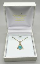 A yellow metal and opal pendant, 1.2g on a gilt metal chain