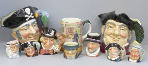 A collection of Royal Doulton character jugs and a Royal Doulton Dickens ware mug, two small jugs