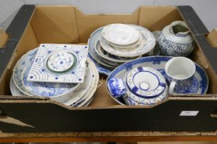 A box of Chinese blue and white and Delft porcelain, some a/f **PLEASE NOTE THIS LOT IS NOT ELIGIBLE