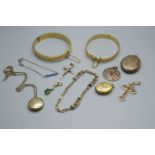 Two rolled gold bangles and a collection of gold plated jewellery including a cross pendant and