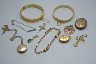 Two rolled gold bangles and a collection of gold plated jewellery including a cross pendant and