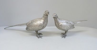 A pair of silver cock and hen pheasants, London 1970, Richard Comyns, 1266g