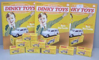 Eight Norev Dinky Toys and magazines, all 197 Morris Mini-Traveller