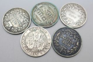 Five Victorian shillings; 1886, 1889, 1899, 1877 and 1875