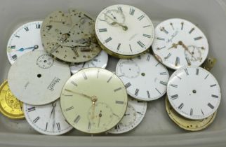 Assorted pocketwatch movements including hunter/demi hunter examples, also Breitling stopwatch, a/