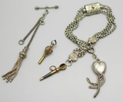An Albertina chain, a small Albertina chain/fob and two watch keys