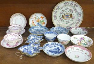 18th and 19th Century porcelain including two blue and white pickle dishes, pink lustre cups and