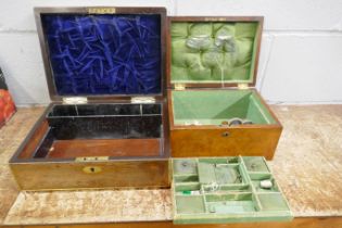 A lady's 19th Century walnut sewing box with some contents and a mahogany correspondance box with