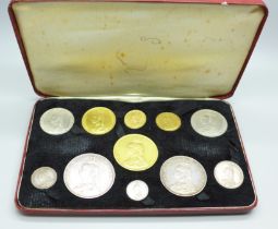A Jubilee 1887 Gold & Silver Specimen Set, including £5 coin, £2 coin, sovereign and half-sovereign,