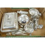 A collection of plated ware, a tureen, a plate with domed lid, shaker, two handled bowl, large
