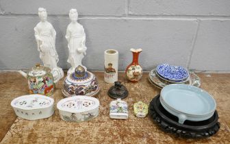 A collection of oriental china including plates, scent bottles, two glazed figures, one a/f, teapot,