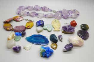 Assorted gemstones and mineral samples, rose quartz, lapis lazuli, etc.