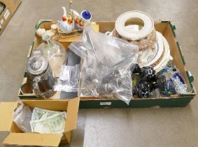 A box of assorted items including collectors plates, plated ware, glass paperweights including