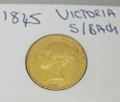 A Victorian 1845 shield back full sovereign