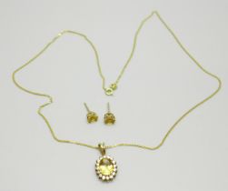 A 9ct gold, citrine and zircon pendant and chain with citrine earrings, 4.9g